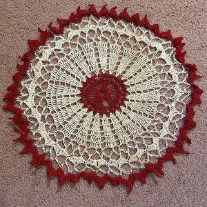 VTG HAND CROCHETED DOILY 14.5” White Red Vintage Handmade Christmas